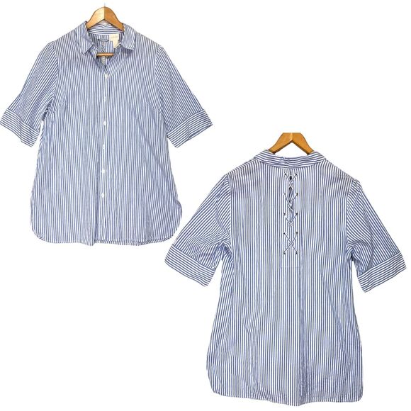 Chicos Sz 1 US 8 Tie Back Striped Button Down Tunic Top Blue White 100% Cotton - Picture 1 of 16
